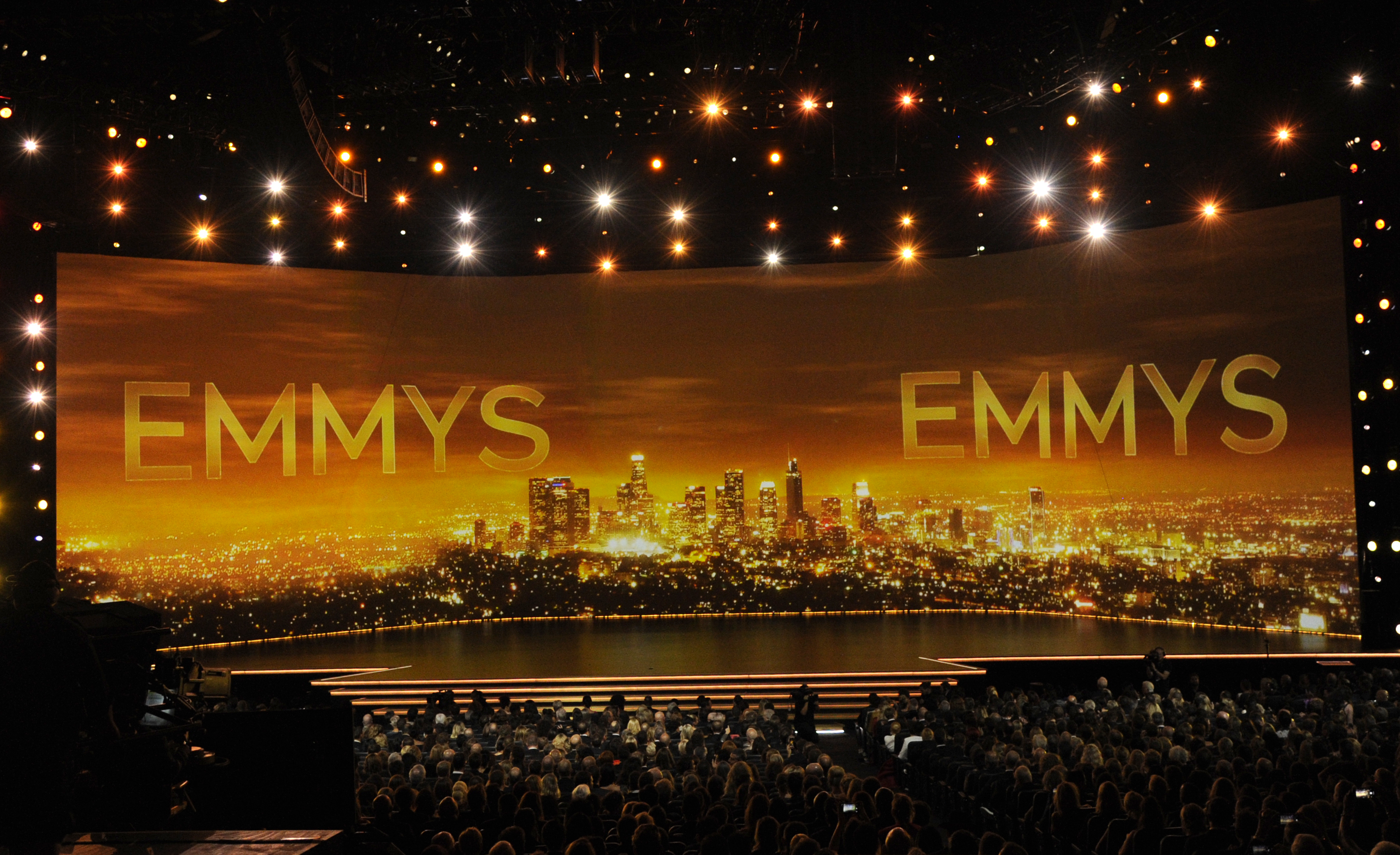 FILE - A view of the stage at the Primetime Emmy Awards in Los Angeles, is seen Sept. 22, 2019. (Photo by Chris Pizzello/Invision/AP, File)