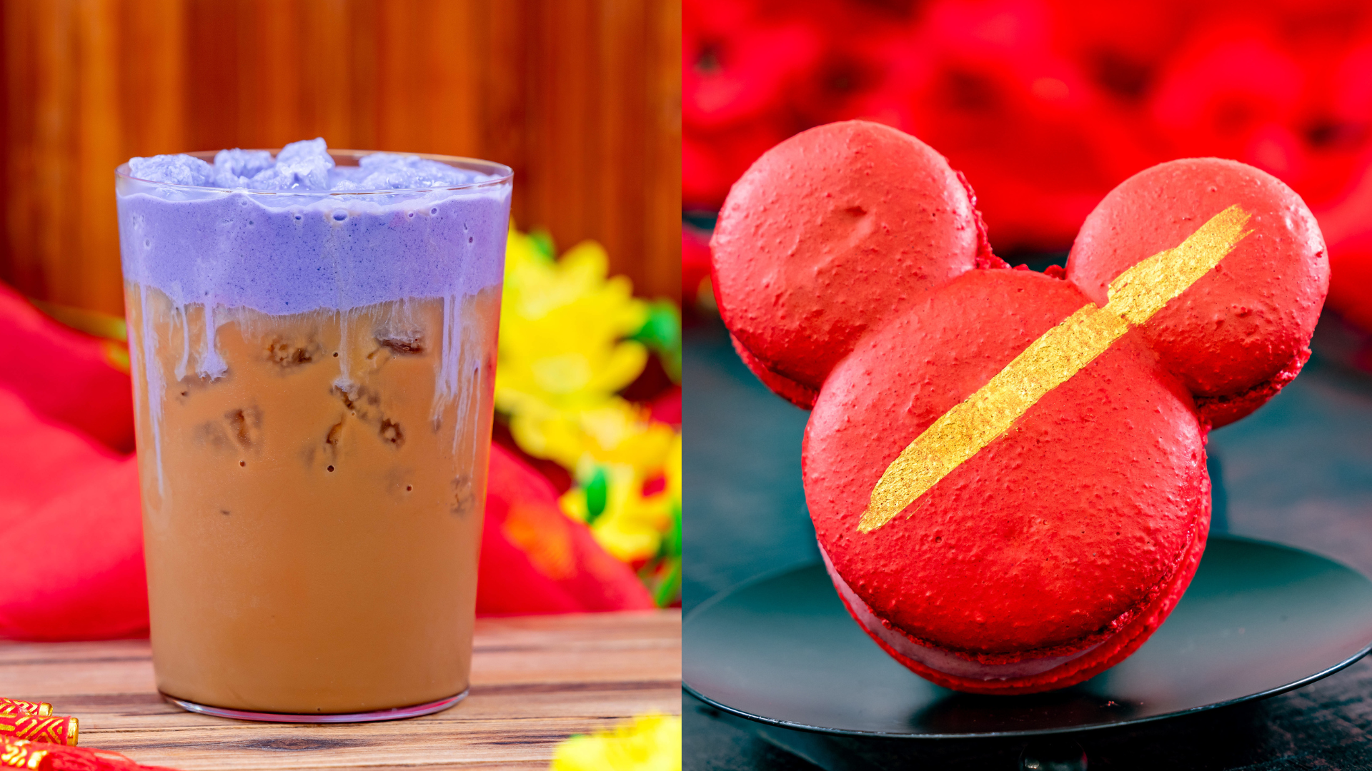 Taro Vietnamese-style Iced Coffee and Strawberry Milk Tea Macaron for Lunar New Year Festival 2024 at Disneyland California Adventure park. (Disneyland Resort)